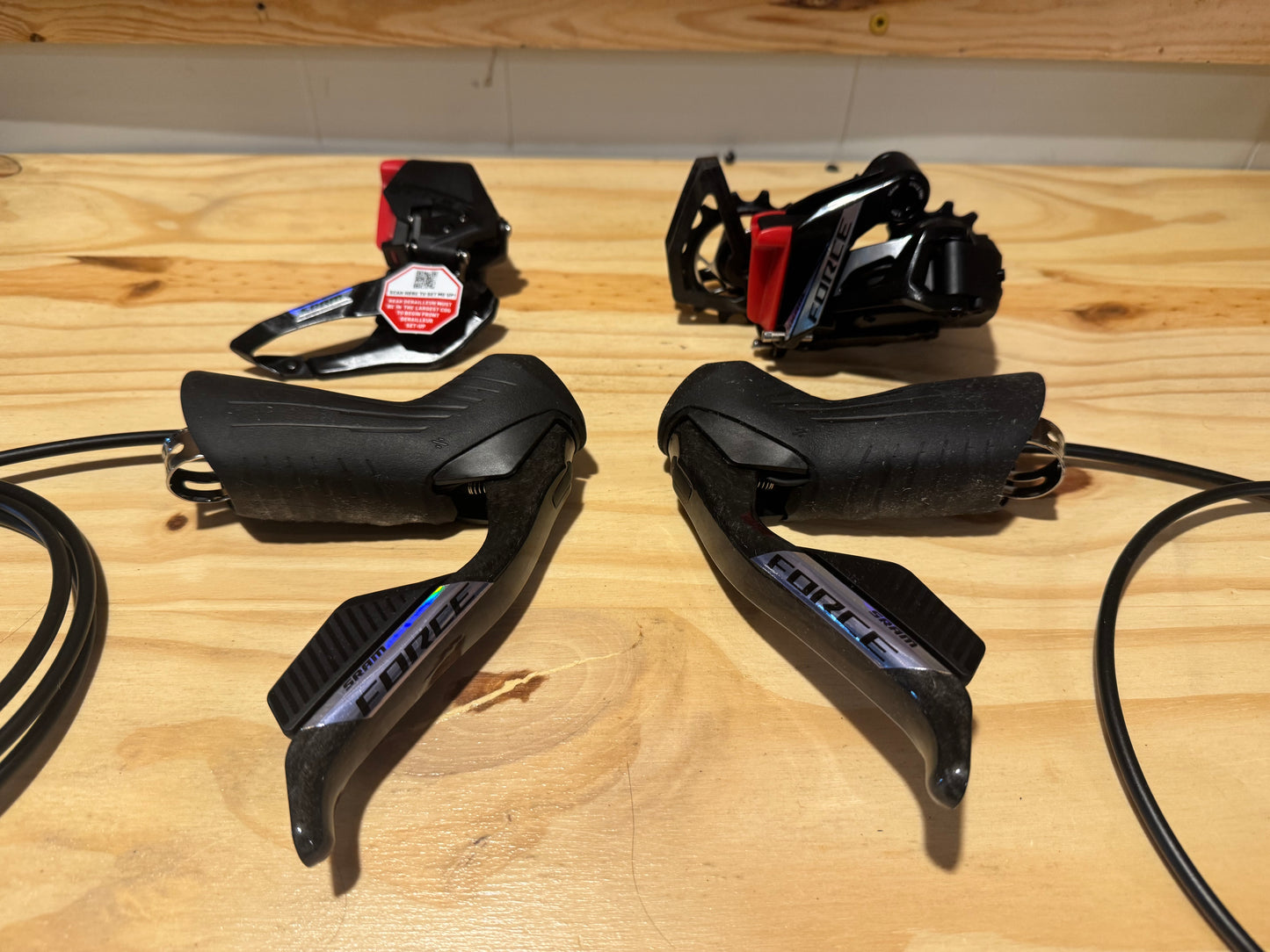 SRAM Force eTap AXS Road Groupset - 2x12-Speed HRD Shift/Brake Levers, Calipers,  Rotors F/R Derailleurs E1. Crankset d2. Red oil slick cassette.