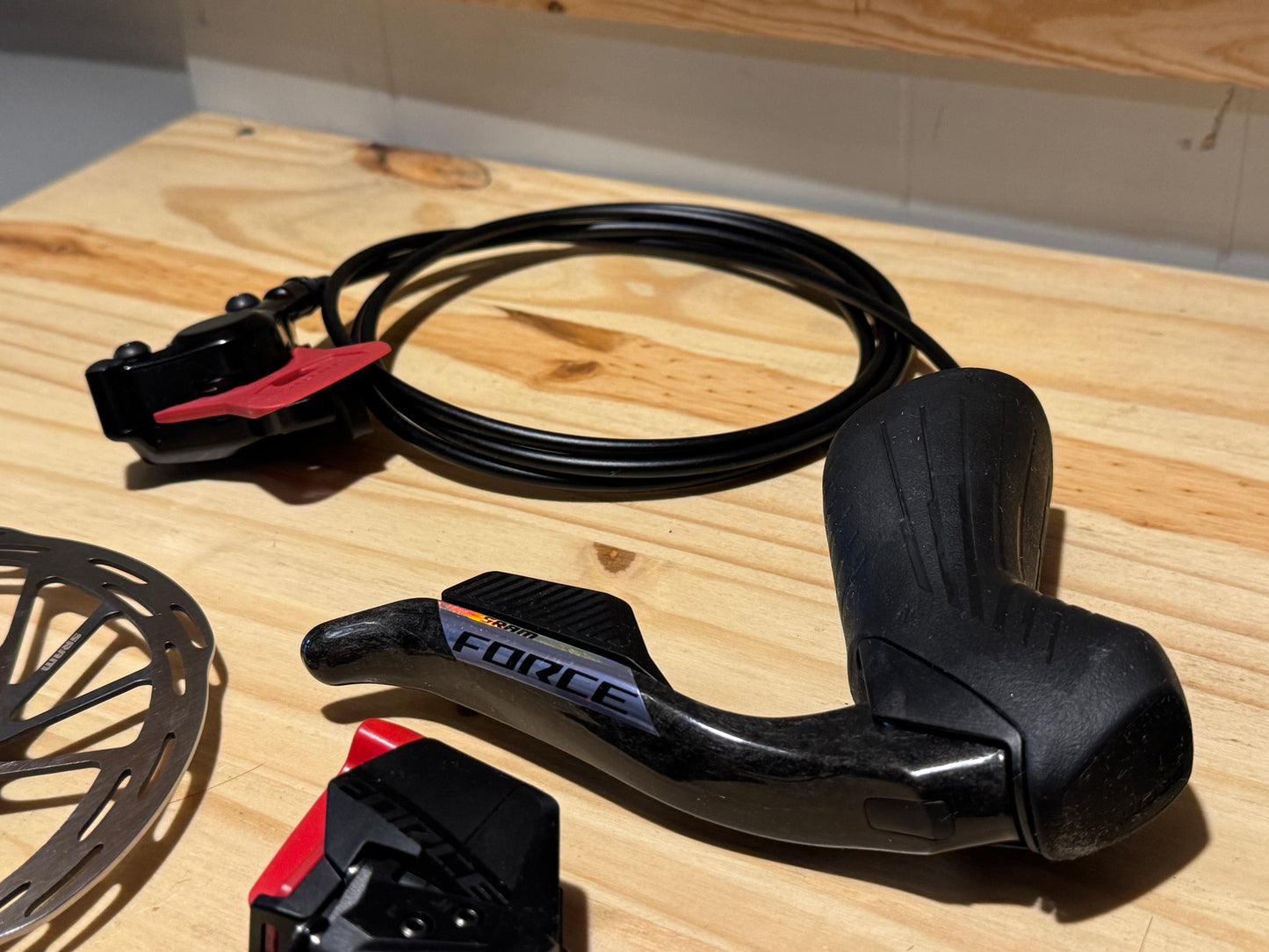 SRAM Force eTap AXS Road Groupset - 2x12-Speed HRD Shift/Brake Levers, Calipers,  Rotors F/R Derailleurs E1. Crankset d2. Red oil slick cassette.