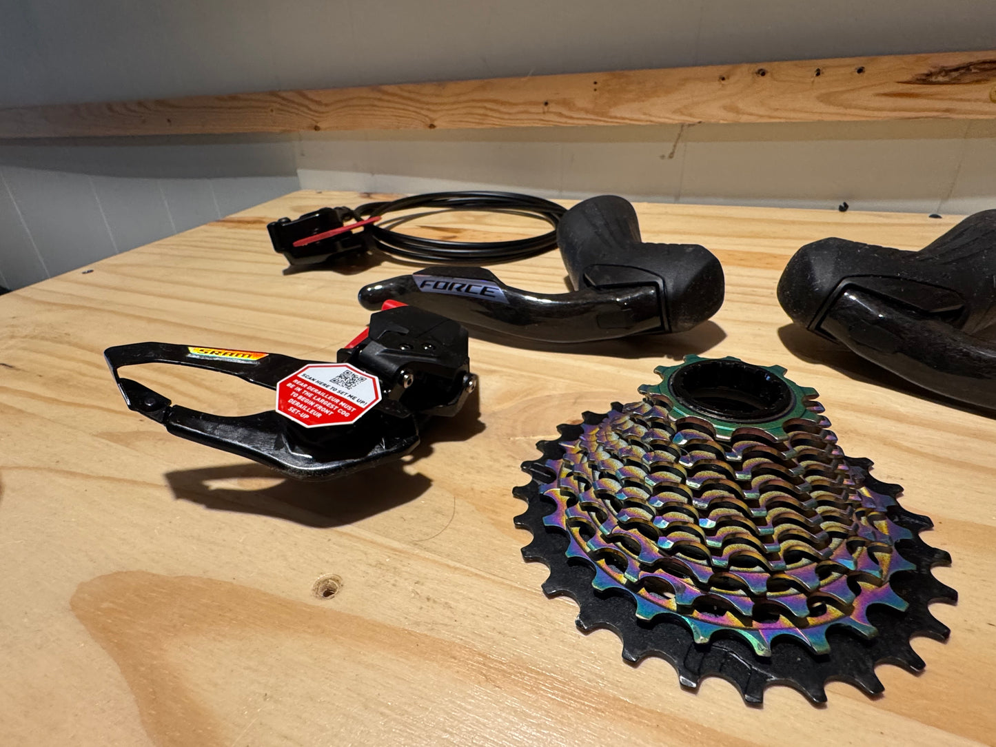 SRAM Force eTap AXS Road Groupset - 2x12-Speed HRD Shift/Brake Levers, Calipers,  Rotors F/R Derailleurs E1. Crankset d2. Red oil slick cassette.