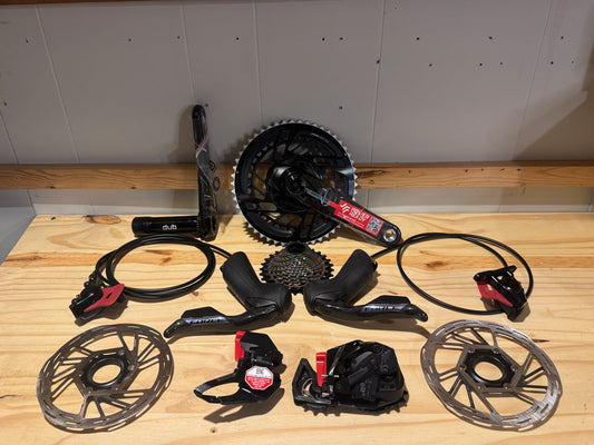 SRAM Force eTap AXS Road Groupset - 2x12-Speed HRD Shift/Brake Levers, Calipers,  Rotors F/R Derailleurs E1. Crankset d2. Red oil slick cassette.